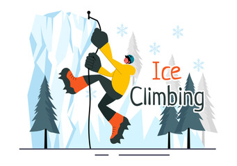 Ice Climbing Vector Illustration featuring a Climber Scaling an Ice Wall using Axes and Wearing Crampons with a Scenic Mountain backdrop Background