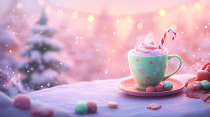Hot chocolate with whipped cream and candy cane in a snowy holiday scene, pastel tones
