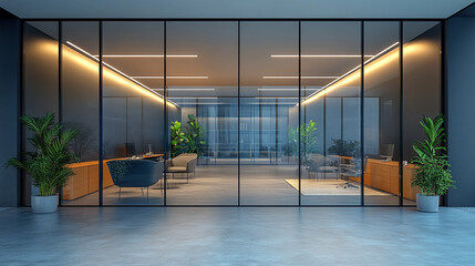 Modern office space with clean lines and minimalist design, featuring glass walls and natural light. The empty environment conveys openness, transparency, and potential for future growth