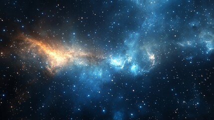 A cosmic nebula with swirling gas clouds and scattered stars against a dark blue sky.