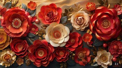 Chinese Lunar New Year Decoration with Red and Gold Paper Flowers Background