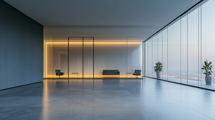 Modern office space with clean lines and minimalist design, featuring glass walls and natural light. The empty environment conveys openness, transparency, and potential for future growth