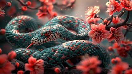 Chinese New Year Snake Vector Set with Cherry Blossom Flower Pattern on Red Background - Year of the Snake Zodiac Sign Illustration for Cards, Stickers, and Calendars