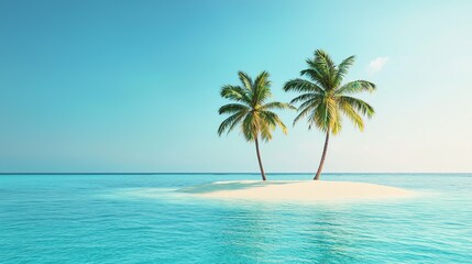 Tropical paradise with palm trees on a secluded sandy island in clear blue water.