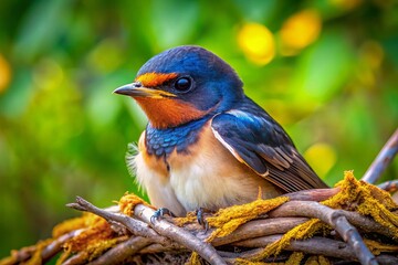 Obraz premium A charming baby swallow nestling rests on a branch, showcasing its soft feathers in a picturesque natural habitat,