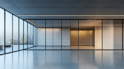Modern office space with clean lines and minimalist design, featuring glass walls and natural light. The empty environment conveys openness, transparency, and potential for future growth