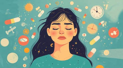 A young woman with closed eyes appears deep in thought, surrounded by colorful medical symbols, capsules, and time indicators, reflecting a blend of health concerns and a quest for balance.