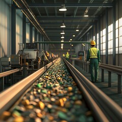 Worker inspecting a recycling conveyor belt in a modern industrial facility.