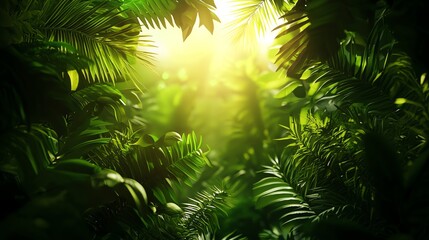 Lush green foliage with sunlight filtering through, creating a tranquil atmosphere.