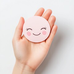 Happy smiley face in a hand, isolated on a white background.