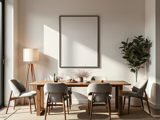 Home Mockup with Frame, Cozy Modern Dining Room in Neutral Tones, 3D Rendered Interior Background, Minimalist Decor and Contemporary Style