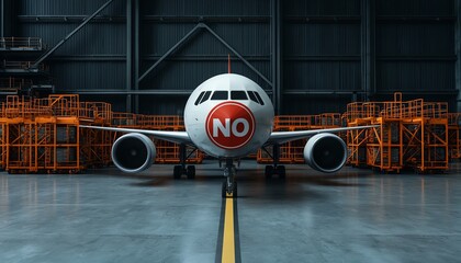 Airplane with 'NO' sign in hangar, industrial environment, white isolated background.