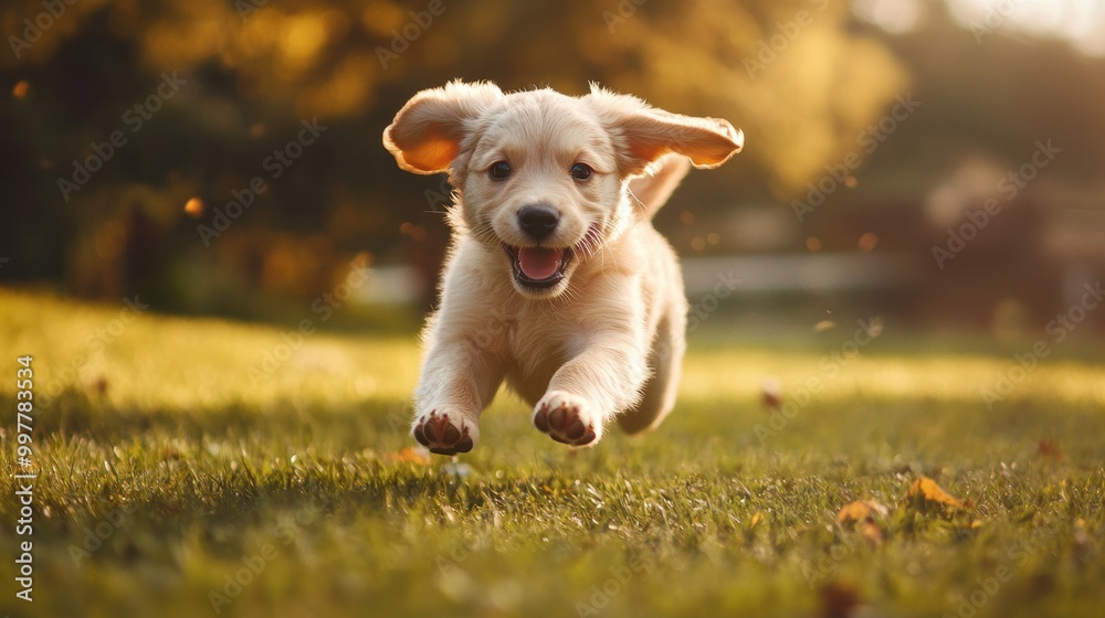 Wall mural happy puppy running.