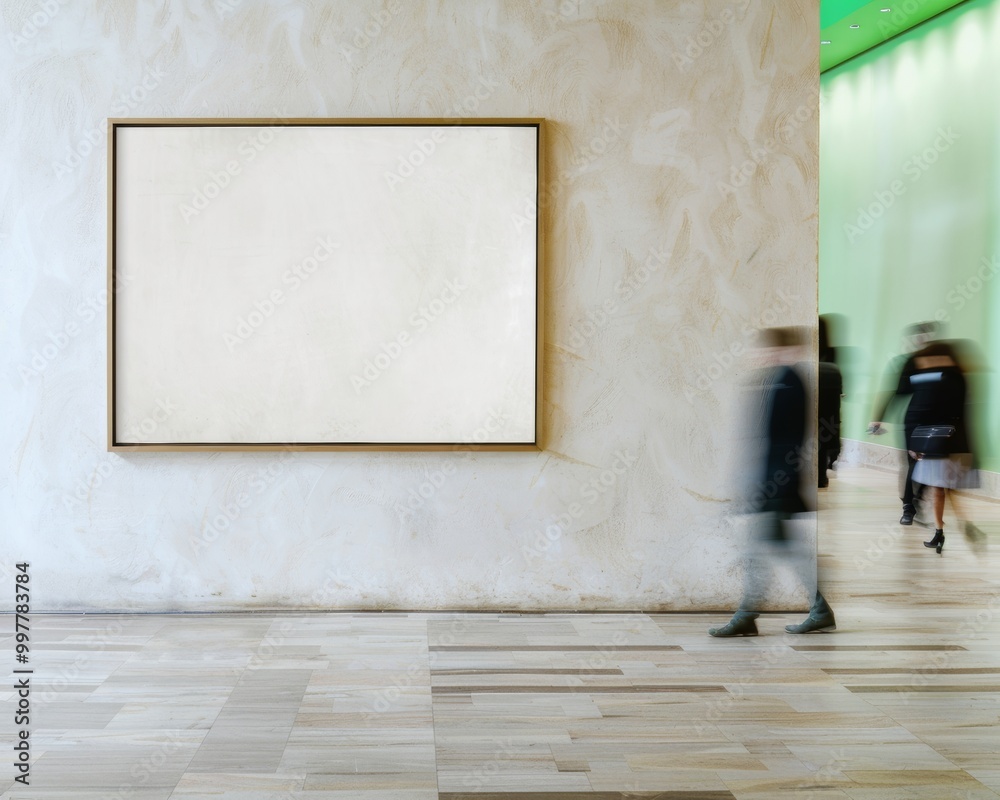 Aufkleber modern minimalist wall with empty frame and motion blur people passing by in soft natural lighting