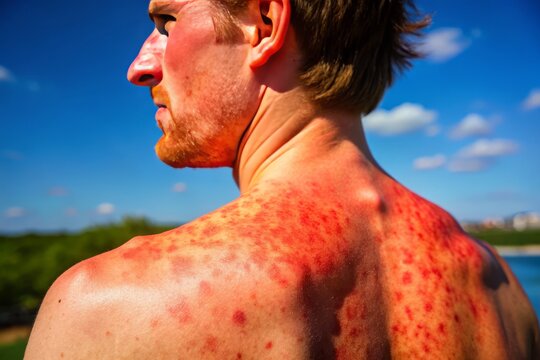 A close-up reveals a sun poisoning rash, with vivid redness and irritated skin, showcasing the harsh effects of