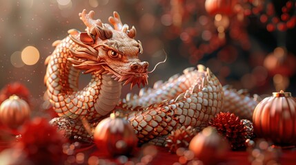 Chinese New Year Snake Gold with Clouds and Lanterns on Red Background for Card Design - Year of the Snake Vector