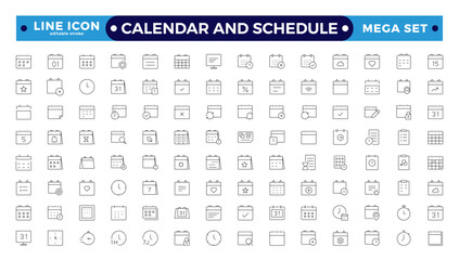 Calendar and schedule icon set. Containing date, month, week, appointment, agenda, organization and event icons. Editable stroke outline icon.
