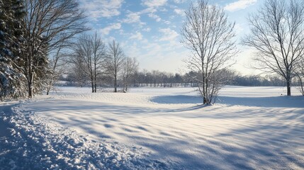 Obraz premium Beautiful White Snowy Landscape Wallpaper. A serene, snow-covered landscape with subtle shadows and soft light.