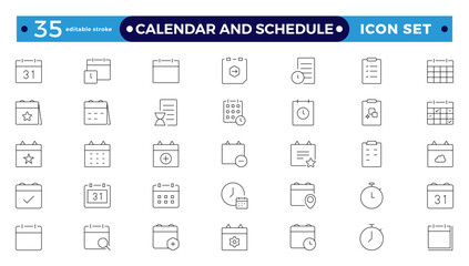 Calendar and schedule icon set. Containing date, month, week, appointment, agenda, organization and event icons. Editable stroke outline icon.
