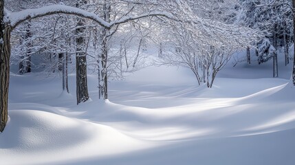 Fototapeta premium Beautiful White Snowy Landscape Wallpaper. A serene, snow-covered landscape with subtle shadows and soft light.