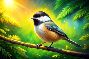 Obraz premium A delightful chickadee rests gracefully on a branch, surrounded by a vibrant green forest, basking in the warmth