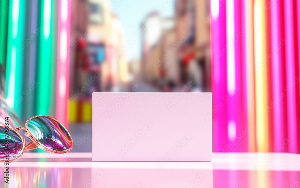 Poster sleek pastel pink table surface with neon bokeh background and sunglasses - modern product display