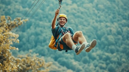 Joyful Young Man Ziplining Through Nature