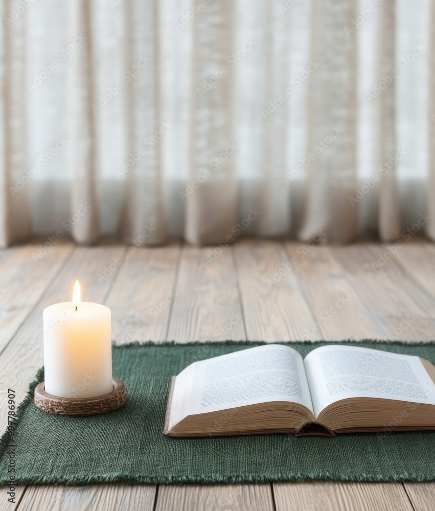Poster ramadan evening study desk with lantern-lit open books and candle, copy space for text