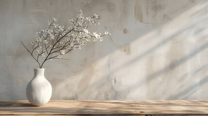 White flowers in a white vase on a wooden table with a textured wall background.