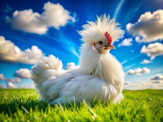 Fototapeta premium A fluffy white Silkie chicken enjoys a peaceful moment in a lush green field, soaking up the sun