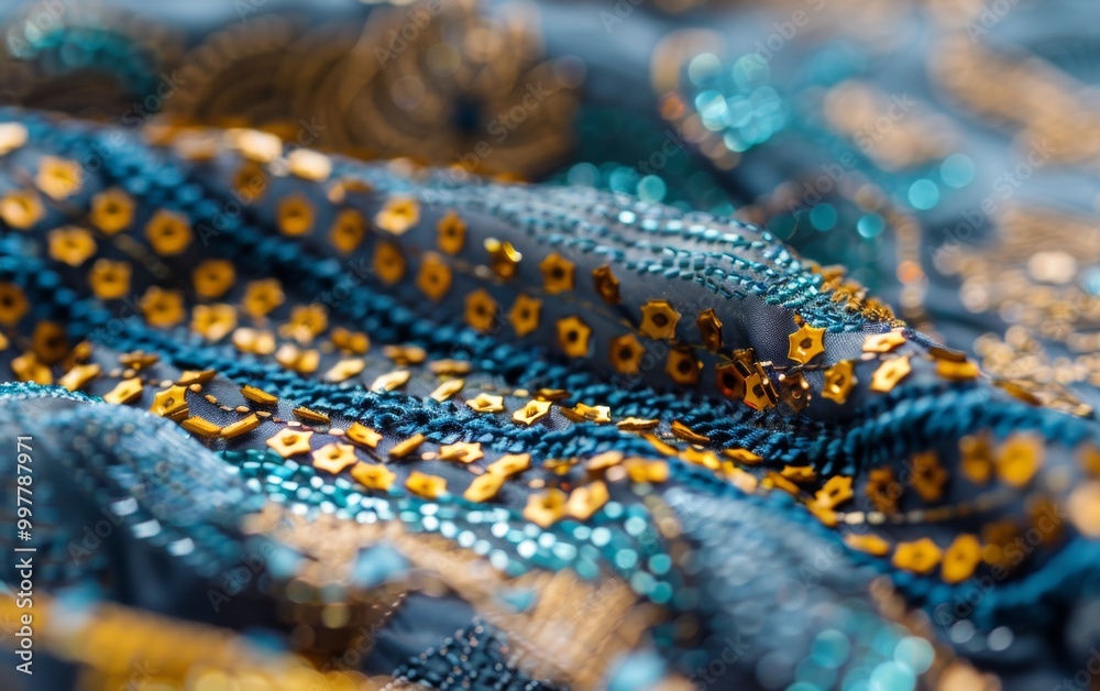 Poster vibrant sequin pattern on dress fabric with intricate design shining in natural light