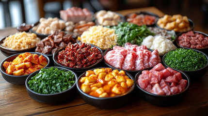 traditional Sichuan hot pot filled with a rich assortment of meats, vegetables, and spices, presented on a rustic wooden table. The bold colors and steam evoke warmth, culture, and culinary heritage