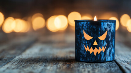 Spooky Halloween candle with a jack-o'-lantern face.