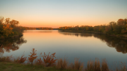 Obraz premium Serene Autumn Sunset Over Tranquil Lake