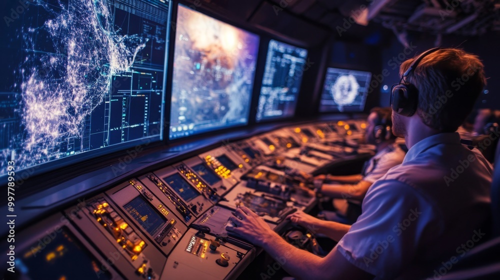 Aufkleber Operators in a control room engage with complex data and visual displays, showcasing high-tech equipment during a late-night operation focused on monitoring important systems and information.