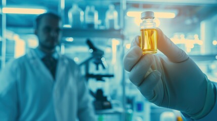 Scientist in lab coat holding vial of experimental drug, with microscope and scientific equipment, symbolizing drug trials and medical research process.