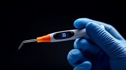 Precise Dental Cure: A gloved hand delicately holds a modern, sleek curing light, showcasing its digital display and precision tip against a stark black backdrop.