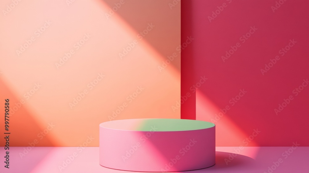 Poster minimalist neon green podium on pastel pink background with diffused lighting and soft shadows