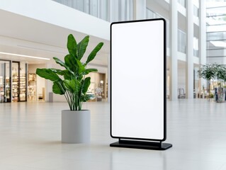 Interior space with a blank signage board and a decorative green plant.