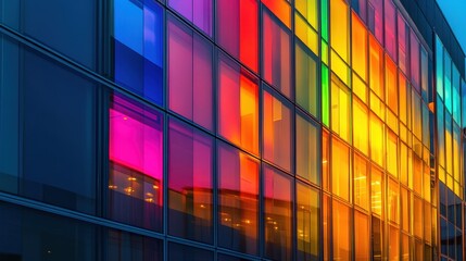 Multicolored glass panels on modern building facade. Abstract architectural photography.