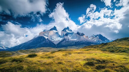 Fototapeta premium Majestic Mountain Range Under a Sky of Puffy Clouds