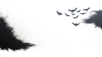 Bats flying against a white background with a black brush stroke.