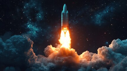 Obraz premium Rocket launching into space with bright engine flames.