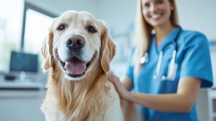 Adorable Golden Retriever Dog Smiling Happily at Veterinary Clinic Office with Nurse or Doctor in Background  Concept of Pet Healthcare Animal Care and Veterinary Services