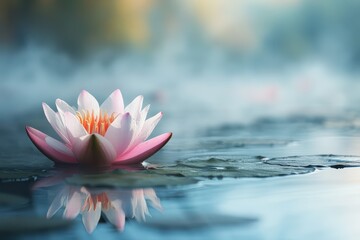 Tranquil lotus flower floating on misty water against a blurry background