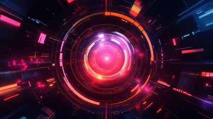 Vibrant circular tunnel with neon lights and futuristic design. Technology and innovation concept.