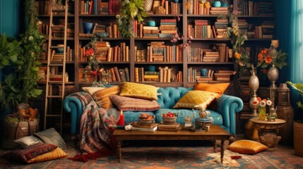 Naklejka premium Cozy Living Room with Bookshelf and Vintage Decor