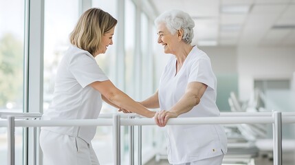 Fototapeta premium Physical therapist helping a senior patient with walking exercises using support bars, modern rehabilitation environment, plenty of copy space, high-end magazine photography, deep depth of field,