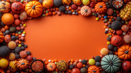 Fototapeta premium A festive Halloween border of pumpkins and candies on an orange background.