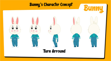 A rabbit cartoon character turnaround sheet AKA Bunny. Cute rabbit cartoon vector.